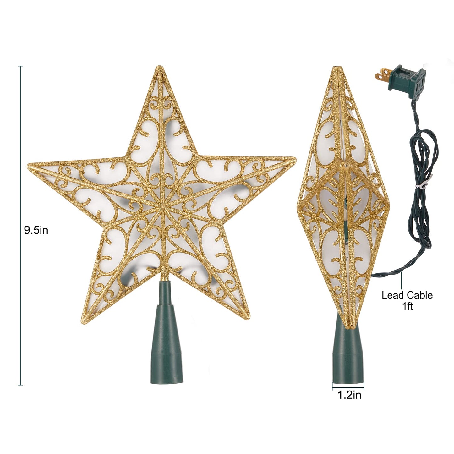 Christmas Star Tree Topper, 9.5 in Plug in Golden Glittered 3D Star Tree Topper, Metal Hollow Designed Built-in 10 Bulbs String Lights for Indoor Office Christmas New Year Holiday Tree Decoration