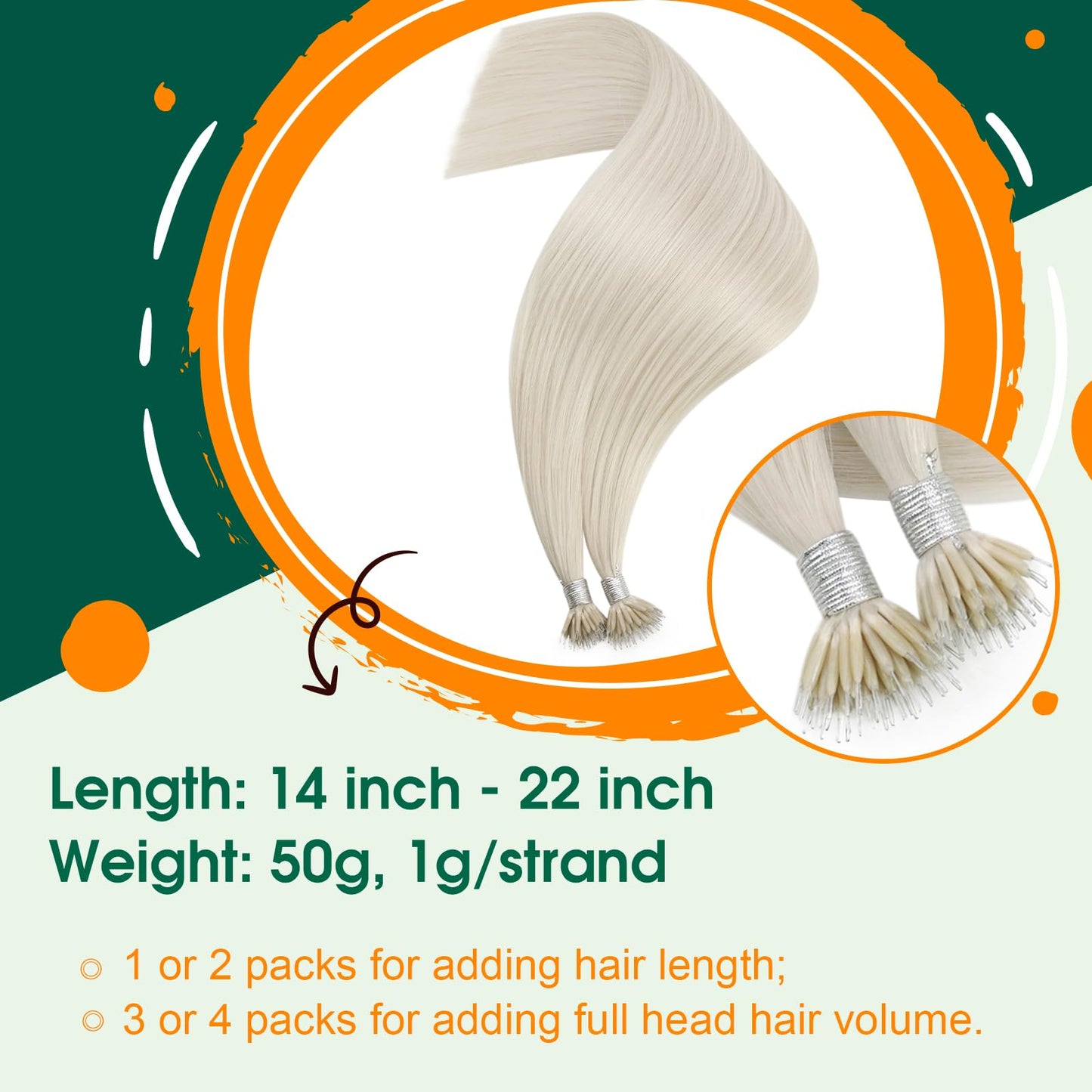 Easyouth Nano Extensions Human Hair Blonde Nanos Ring Hair Extensions White Blonde Nano Beads Extensions Glamorous Hair 14 Inch