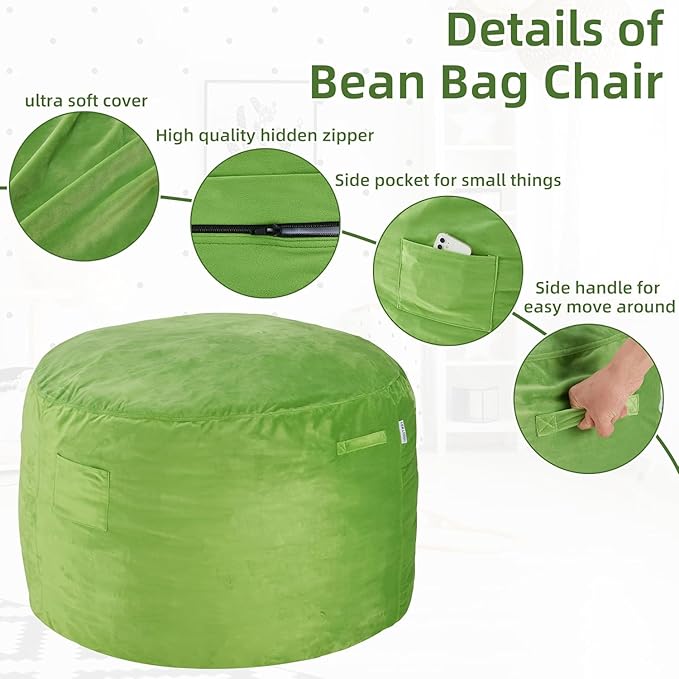 HABUTWAY Bean Bag Chair 3Ft Luxurious Velvet Ultra Soft Fur with High Rebound Memory Foam Bean Bag Chairs for Adults Plush Lazy Sofa with Fluffy Sponge 3' (Lime)