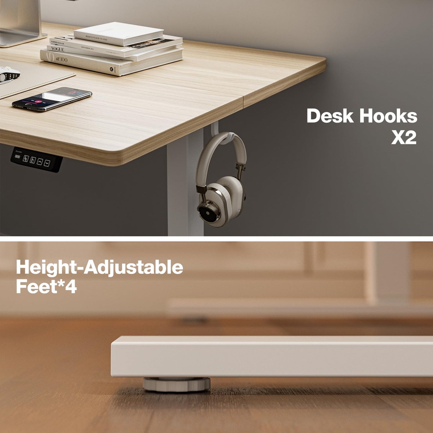 Grandder 47x32 Large Electric Standing Desk, Height Adjustable Computer Desk with 2 Memory Presets, 31.5" Deep Desktop Sit Stand Desk Home Office Desk Workstation Table with Hooks, Light Walnut