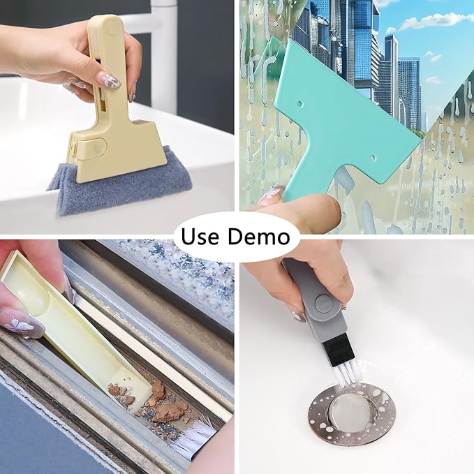 Window Track Cleaner Tool, 3Pcs 4-in-1 Groove Cleaning Brush (with Bristle Brush, Gap Dustpan, Scraper) + 4pcs Replacement Cloth, Washable Cleaning Gadgets for Sliding Door, Sill, Car Vents