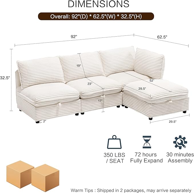 FIRLZY 92" Modular Sectional 4 Seater Sofa with Removable Covers and Storage, Convertible L-Shaped and Sleeper Sectional, Modern Corduroy Couches with Ottoman Chaise for Living Room, Apartment, White