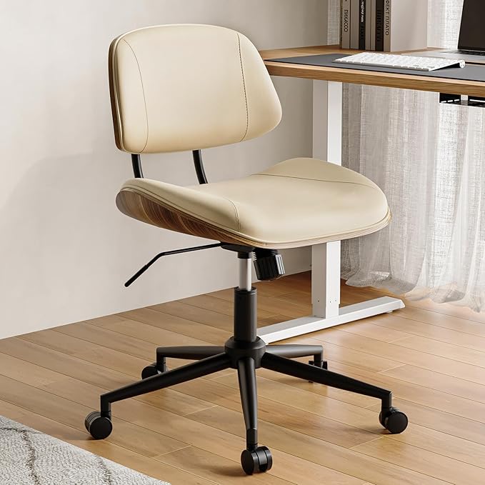 BERYTH Armless Office Chair with Wheels, PU Leather Adjustable Height Desk Chair - 360° Swivel Ergonomic Computer Chair for Small Space, Modern Walnut Style, Home & Meeting Room, Beige