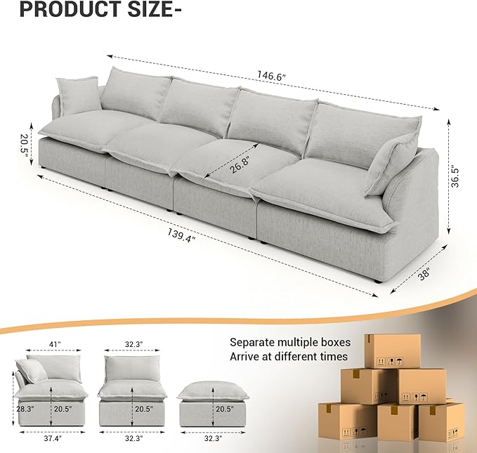 Intuition Decor Cloud Modular Sectional Sofa,Down Filled Sectional Sofa Comfort Comfy Sofa Couch with Cushion Covers Removable Extra Deep Seats,Couch for Living Room Apartment Office