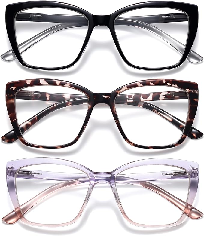 ORANZI Reading Glasses Women, 3 pack Fashion Oversized Blue Light Readers Women, Spring Hinge Cat Eye Glasses Anti Eyestrain