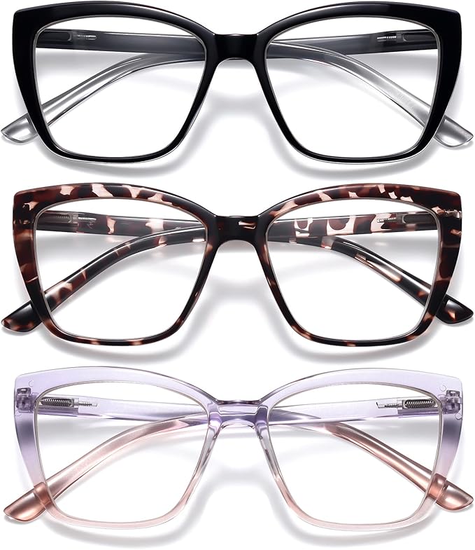 ORANZI Reading Glasses Women, 3 pack Fashion Oversized Blue Light Readers Women, Spring Hinge Cat Eye Glasses Anti Eyestrain