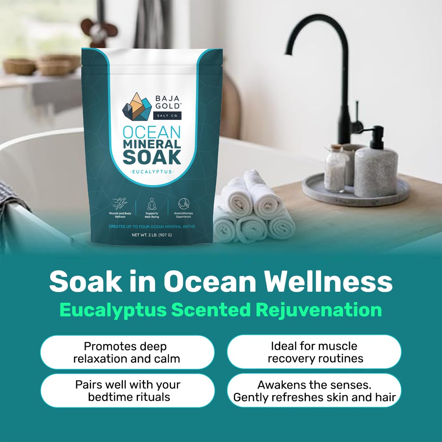Baja Gold Ocean Mineral Soak – Natural Magnesium Bath Soak & Trace Elements | Relaxing, Clean Ingredient Soak for Bath, Muscles, Relaxation & Skin Care | Pure, Vegan, 2 Lb Resealable Bag, Eucalyptus