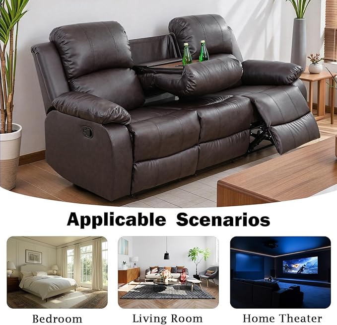 Caberryne Leather Recliner Sofa，Reclining Sofa for Living Room Furniture Sets，Light Brown Wall Hugger Recliner Couch with Cupholder for Living Room/Office/Theater Seating(3 Seater Sofa)