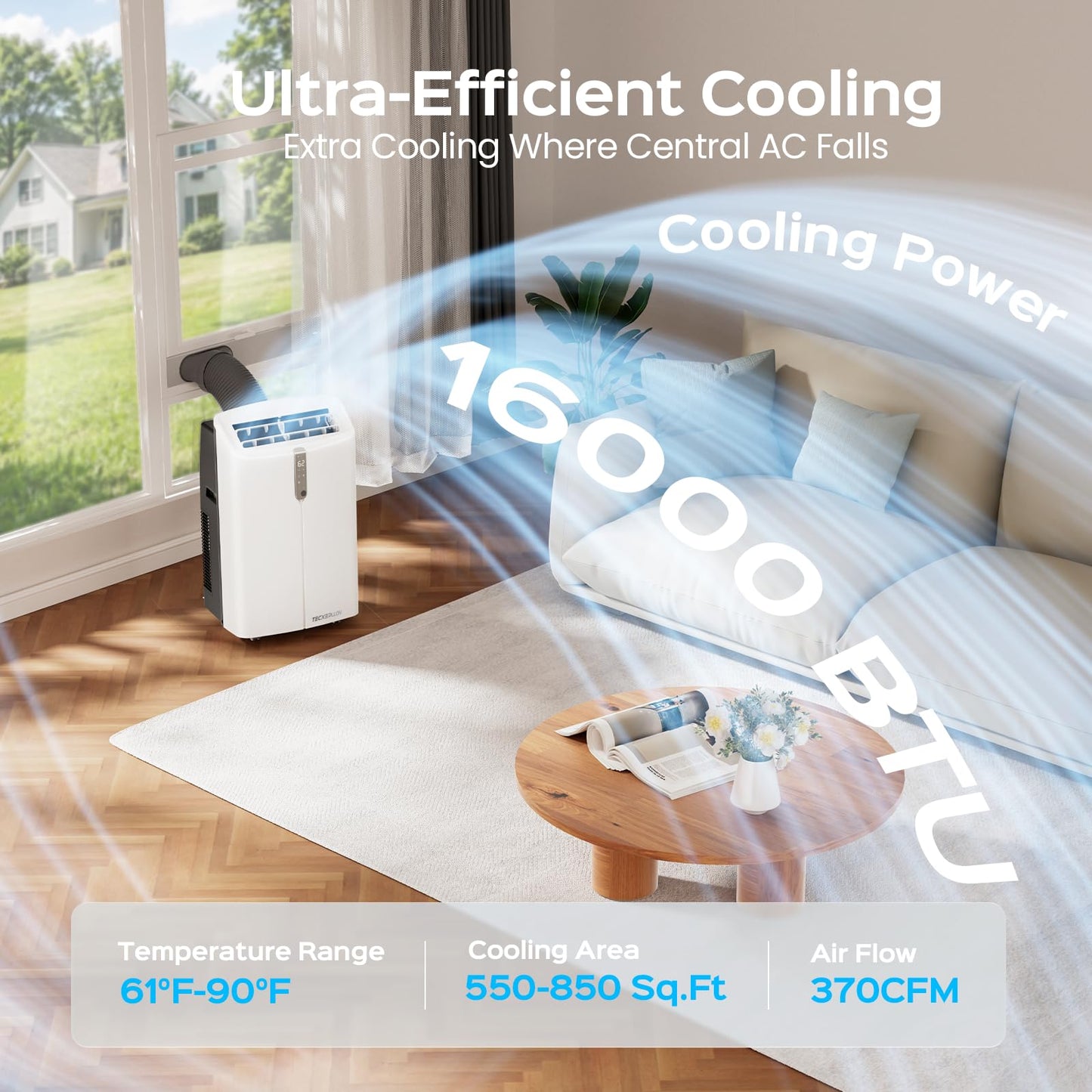 TECXERLLON 16000 BTU Portable Air Conditioners with App Control, Cools Up to 850 Sq.Ft, 4-in-1 Smart Portable AC Unit with Cooling, Dehumidifier, Fan & Sleep Mode, Self-Evaporating for Home & Office