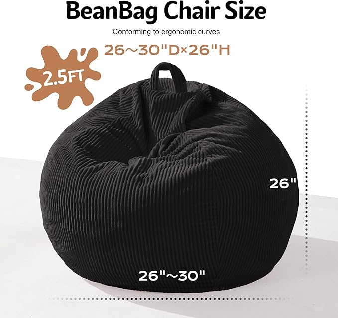 Homguava 2FT Bean Bag Chair,Teardrop Bean Bags Small Beanbag Chair with Memory Foam Filled and Ultra Soft Corduroy Cover for Living Room, Bedroom (Black)
