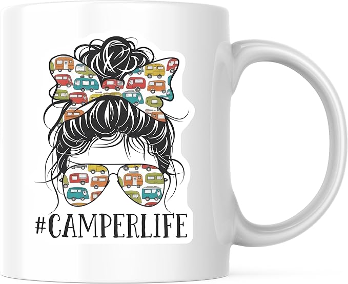 Bliss Monkey Co. Camperlife Coffee Mug - Messy Bun Camper Graphic - Retro Camping 11 Ounce Cup - Printed On Both Sides - P...