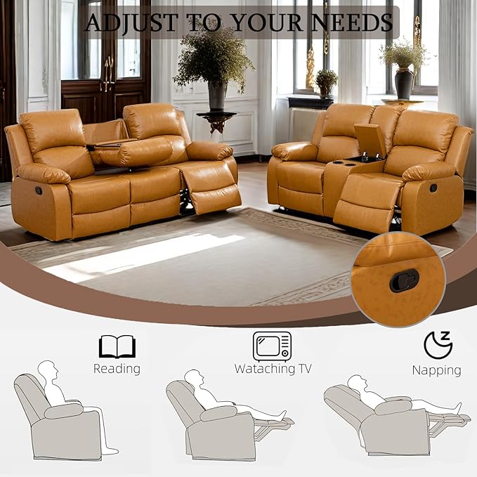 Caberryne Leather Recliner Sofa Set, 2 Pieces, Ginger, Modern Style, Bonded Leather, Sofa & Loveseat, Manual Recline, 82x37x40 inches, 1200 pounds