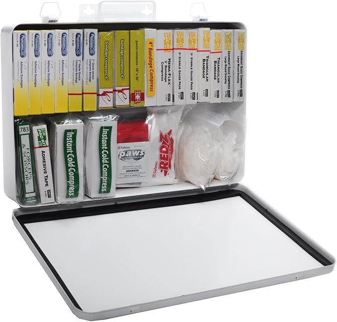 MFASCO Swimming Pool First Aid Kit - Waterproof Metal Box with Bloodborne Clean Up Supplies - Meets Michigan Pool Guidelin...