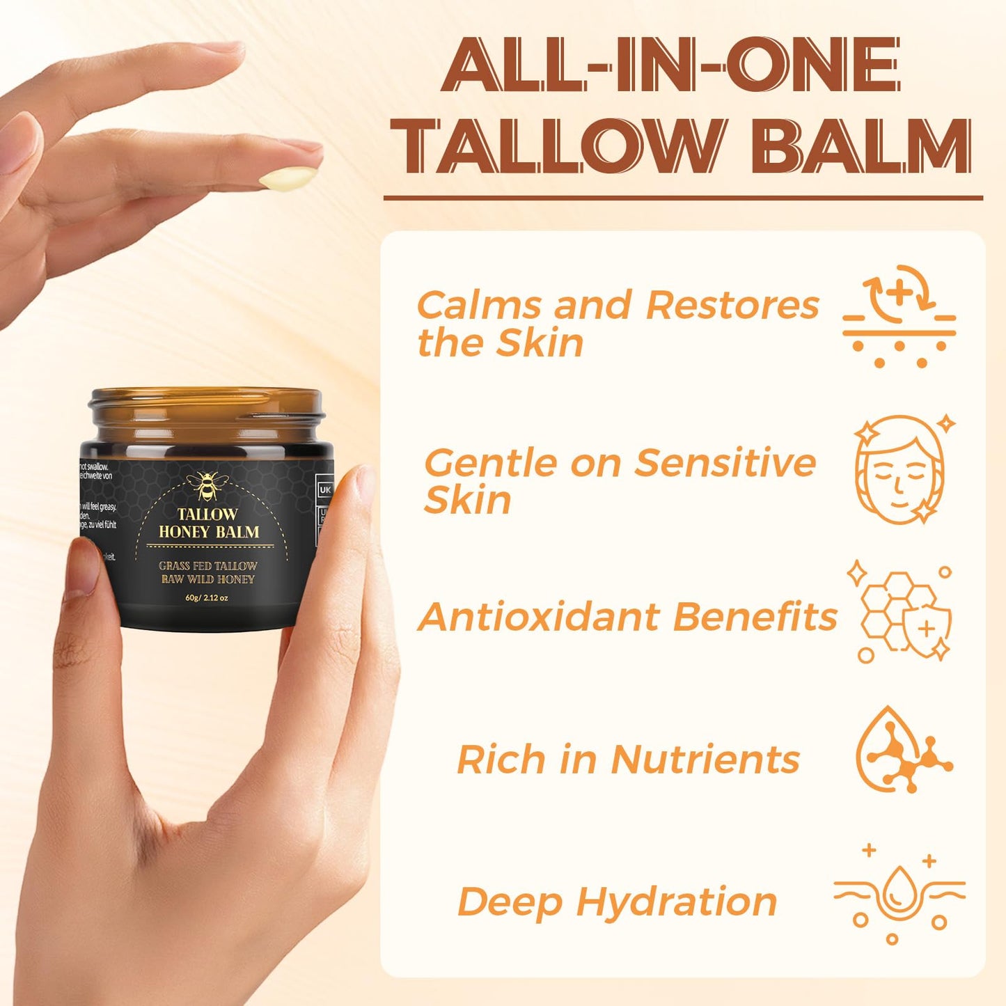 Beef Tallow for Skin, Tallow and Honey Balm for Face, Organic Grass-fed Beef Tallow Face Moisturizer for Deep Nourish and Soothe