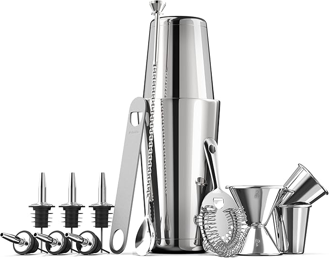Expert Cocktail Shaker Home Bar Set - 14 Piece Stainless Steel Bar Tools Kit with Shaking Tins, Flat Bottle Opener, Double...