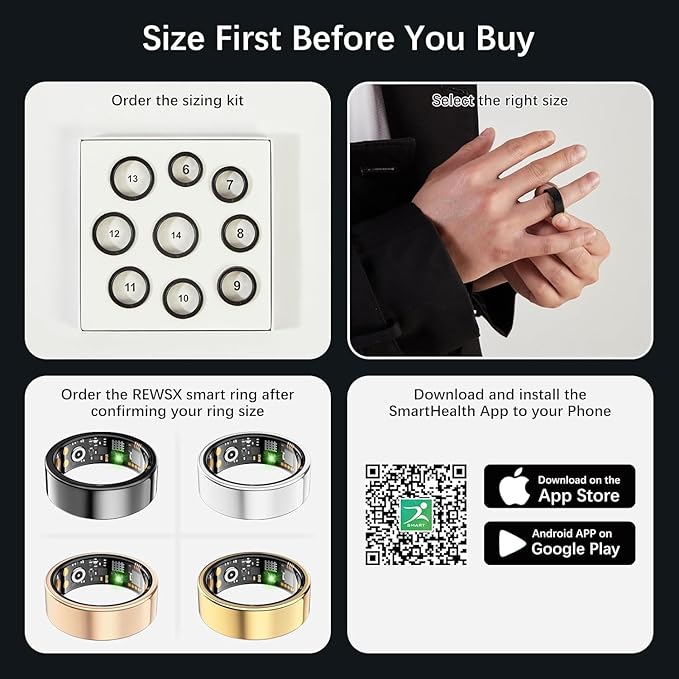 Smart Health Ring for Women Men, Fitness Tracker Ring with Heart Rate, Blood Oxygen, Sleep Tracker, Step Tracker, No Subscription Fee, IP68 Waterproof Smart Ring for iPhone & Android (Gold, 12#)