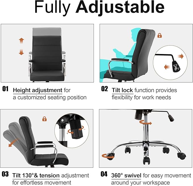 BOWTHY Office Desk Chair,Modern Leather Conference Room Chairs,High Back Ergonomic Home ofiice Chair,Adjustable Height Swivel Executive Computer Chair with Padded Seat and Armrest
