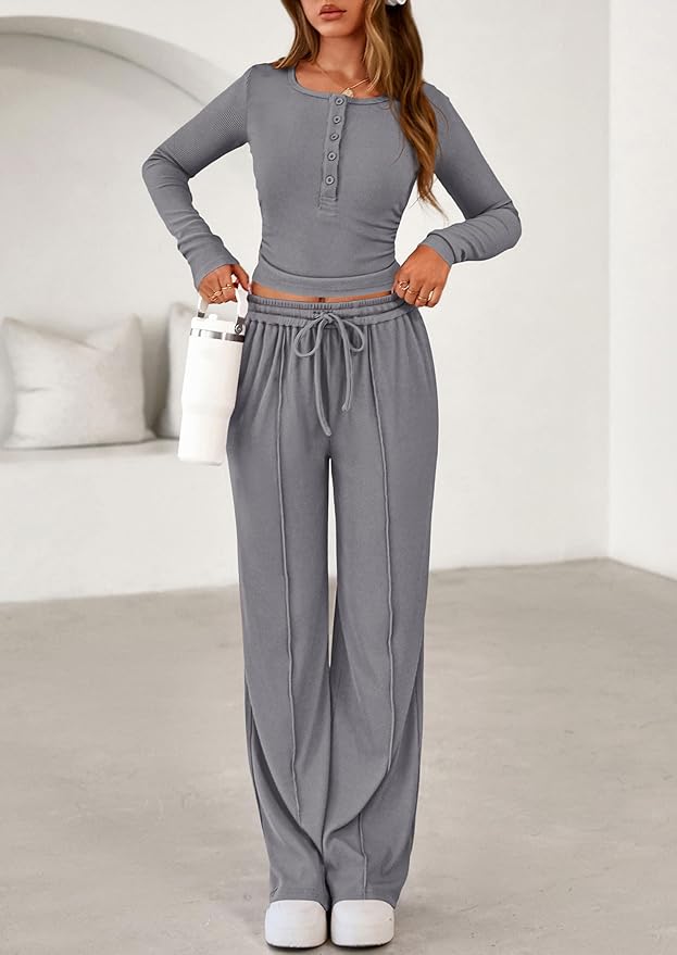 PRETTYGARDEN Women's 2026 Fall Trendy 2 Piece Outfits Lounge Sets Long Sleeve Top Henley Shirts Wide Leg Pants Travel Clothes