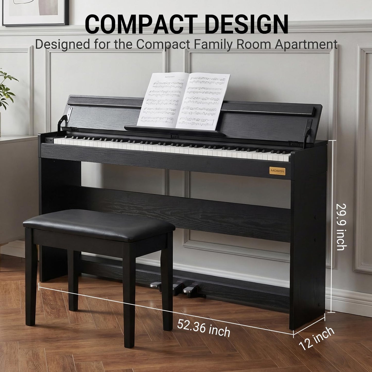 MOSEN 88 Key Digital Paino Fully Weighted Keyboard with Graded Hammer Action, 380 Tones, Triple Pedal, Upright Wood Stand, USB-MIDI, Full Size Home Electric Pianos for Beginner, MDP-110