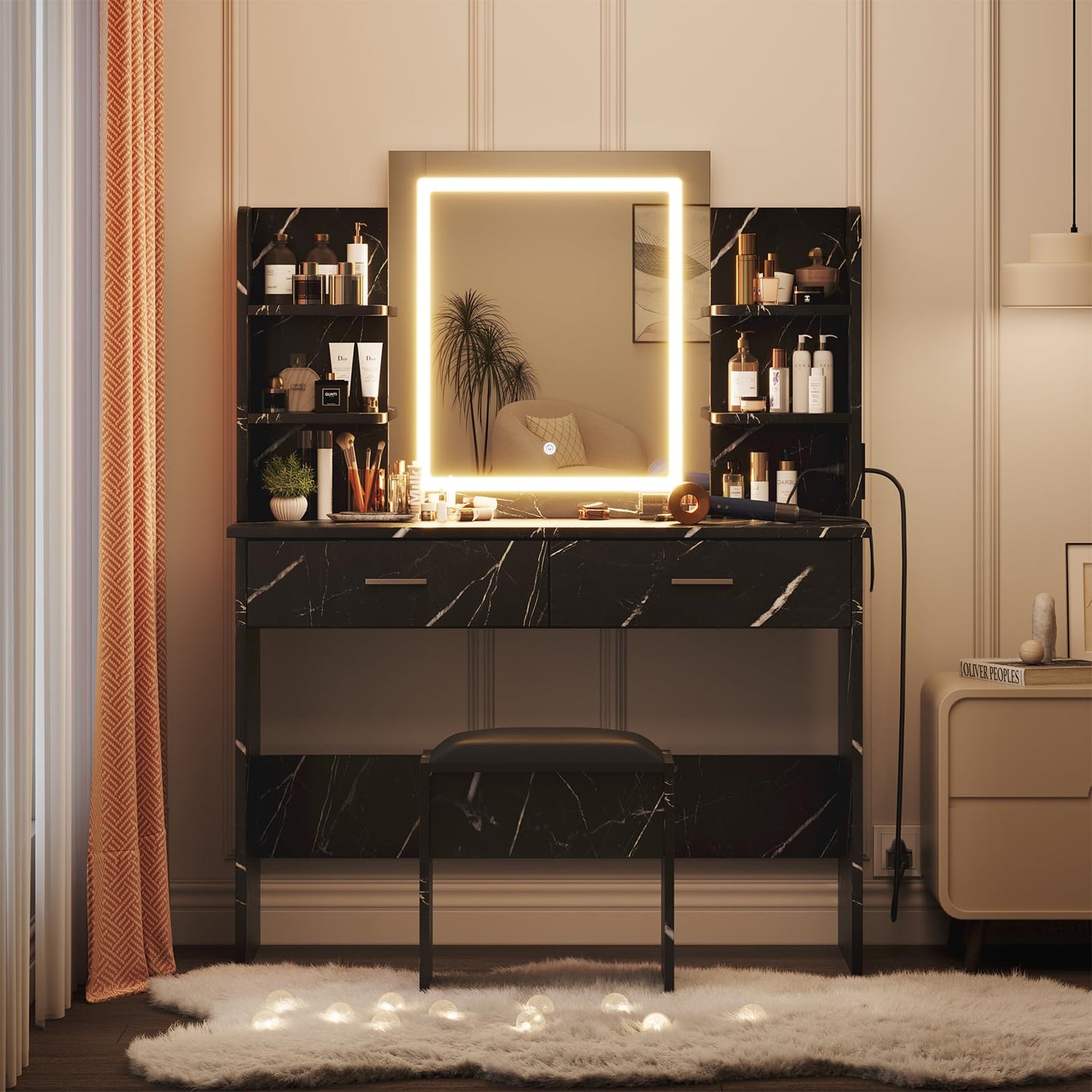 GAOMON Makeup Vanity Desk with Lights and Mirror, Vanity Table with 3 Lighting Modes, Storage Drawer, Shelves, Charging Station and Included Stool for Bedroom, Marble Black
