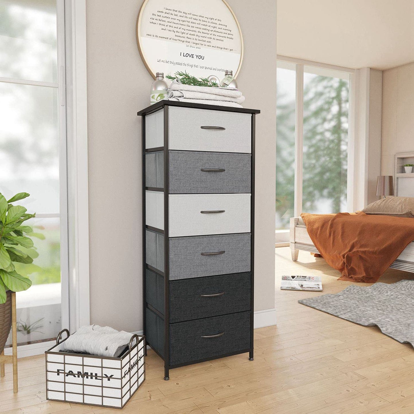 Pellebant Dresser for Bedroom with 6 Drawers, Tall Dresser Vertical Storage Tower, Sturdy Metal Frame, Fabric Storage with Plasti Handle and Wooden Top, Organizer Unit for Closet/Hallway, Black & Gray