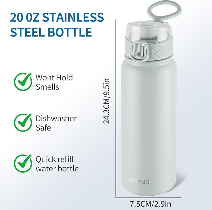 GOPPUS Insulated Water Bottle 20oz Stainless Steel BPA-Free Sports Bottle Ideal for School and Travel Silicone Spout Lid Prevents Leaks, Sweat, and Dust (light green)