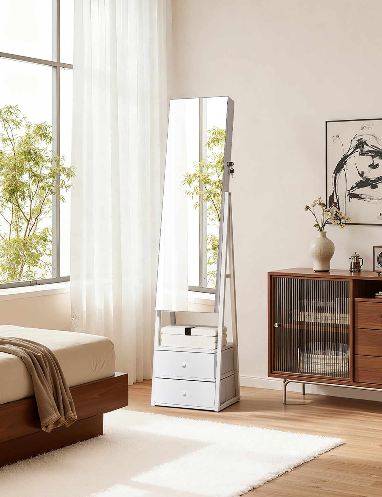 Nicetree Jewelry Cabinet, Standing Jewelry Mirror with Storage, Mirror Jewelry Armoire with 2 Drawers, Lock, Shelf, Polishing Cloth, Grain White