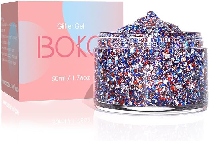 Boko 50ML Red White Blue Body Glitter Gel, 4th of July Chunky Glitter for Face Hair Body Pride Makeup, Patriotic Glitter for Independence Day Memorial Day Veterans Day Flag Party Rave Accessories