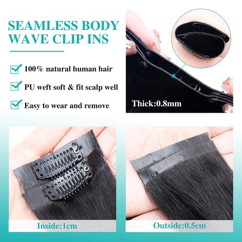 Liqusee Seamless Clip In Hair Extensions Real Human Hair Invisible PU Skin Weft Body Wave Clip Ins 100% Unprocessed Brazilian Remy Human Hair Extensions 7pcs with 16Clips 110g（Natural Black,22 inch）