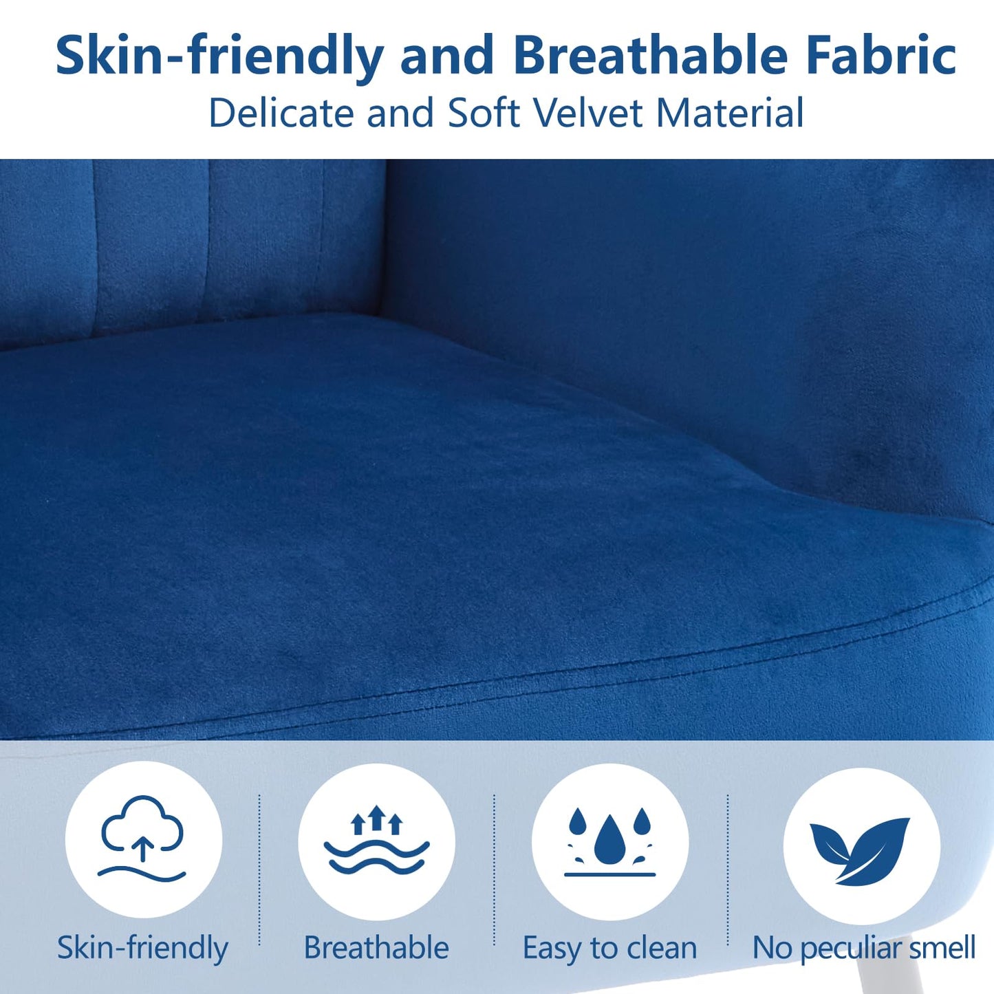 E-Motie Velvet Accent Chair, Modern Upholstered Single Sofa Side Living Room Chair, Comfy Reading Armchair with Metal Legs for Bedroom, Waiting Room, Office and Cafe, Blue