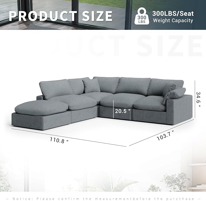 Intuition Decor Modular Sectional Sofa Cloud Couch,Down Filled Comfy Cloud Modern Sofa,Oversized Couch Cushion Covers Removable for Living Room,Light Blue