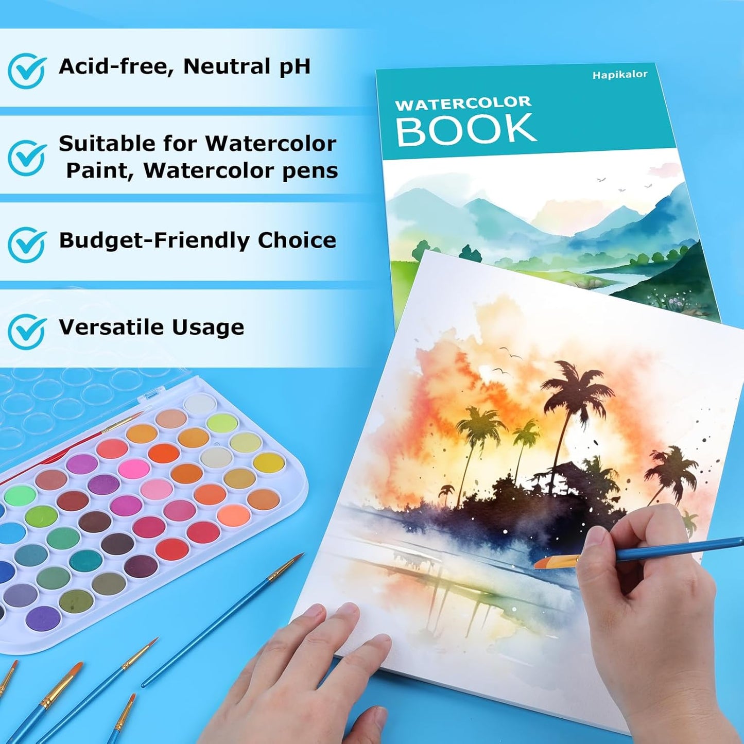 Hapikalor 11"x14" Watercolor Paper Pad, 2-Pack, 140lb/300gsm Artist Painting Drawing Paper Book, Art Supplies for Adults Kids, Watercolors, Watercolor Paint Set, Sketchbook, Journal, Teal