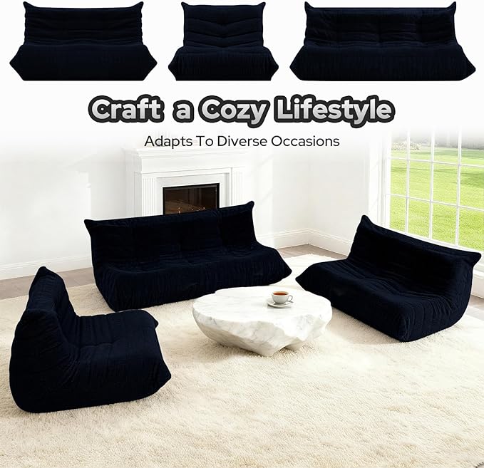 HABUTWAY Bean Bag Chairs Fireside Lazy Floor Sofa, Soft Teddy Fleece 3 Seater Sofa with High-Resilience Foam Filling，Beanbag for Living Room, Bedroom, Office (Navy Blue Teddy)