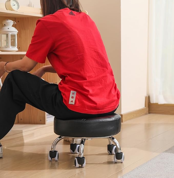 Kaleurrier Low Height Rolling Stool - Heavy Duty Short Stool Chair with Wheels Low to Ground - Small Roller Seat Stools for Home Office Kitchen Repair Shop Pedicure Garage Library Studio Black