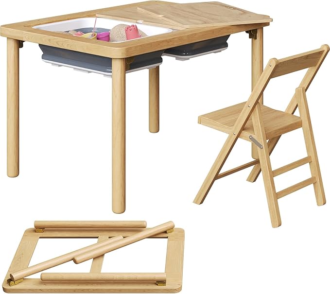 FUNLIO Foldable Wooden Sensory Table with 2 Bins & 1 Foldable Chair for Toddlers, Kids Sensory Table with Anti-Warping Ply...