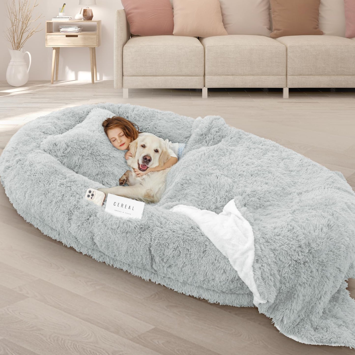 ROOMTEC Human Dog Bed, 71''x45''x12'' Size Fits Adult and Pet Washable Giant People Dog Bed 10 CM Thick Memory Foam Large Oversize Pet Bed with Plump Pillow, Blanket, Strap - Grey