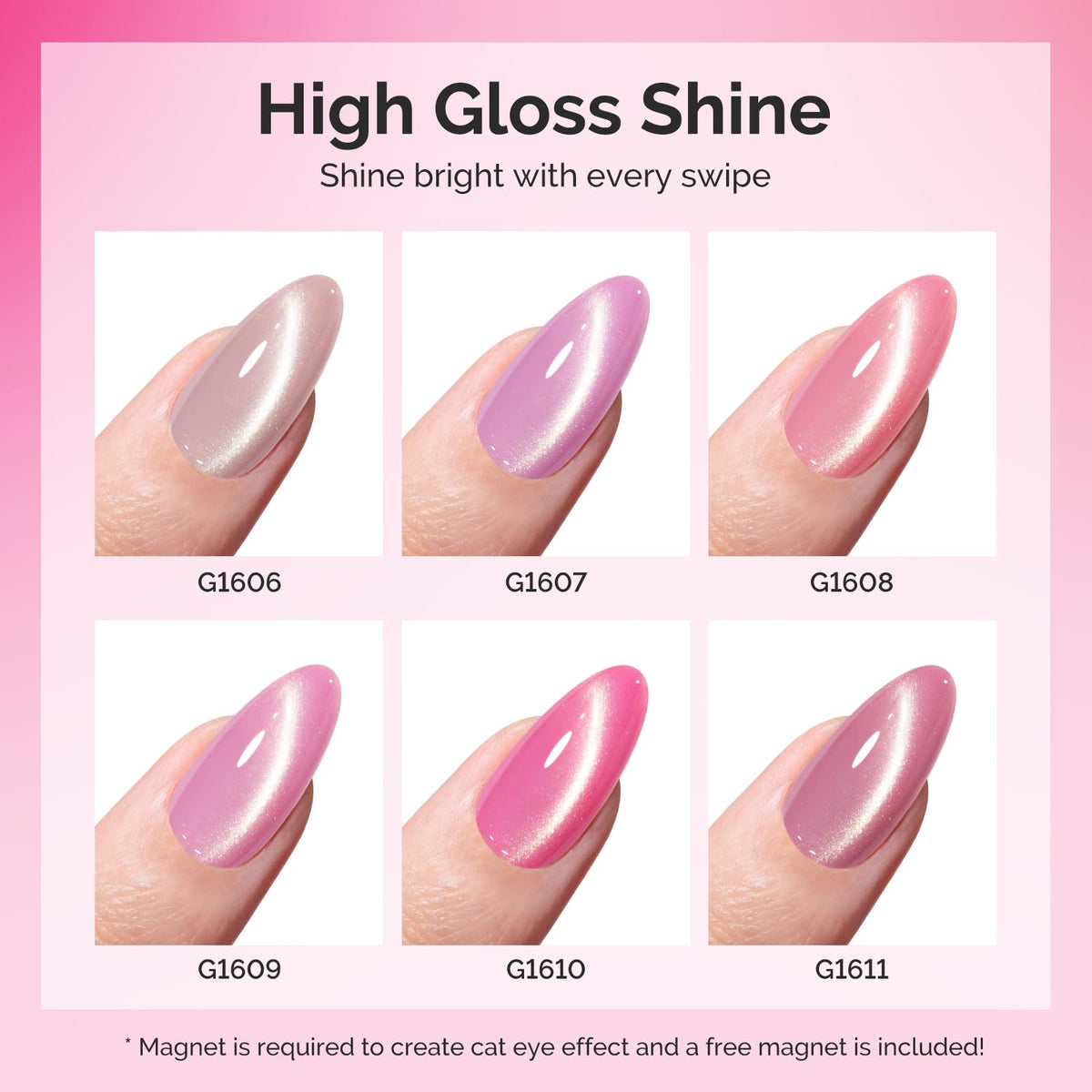 MelodySusie Pink Gem Cat Eye Gel Set Cat Eye Gel Nail Polish Set 6 Pcs, 0.26 Fl Oz Glitter Holographic Magnetic Nail Polish with