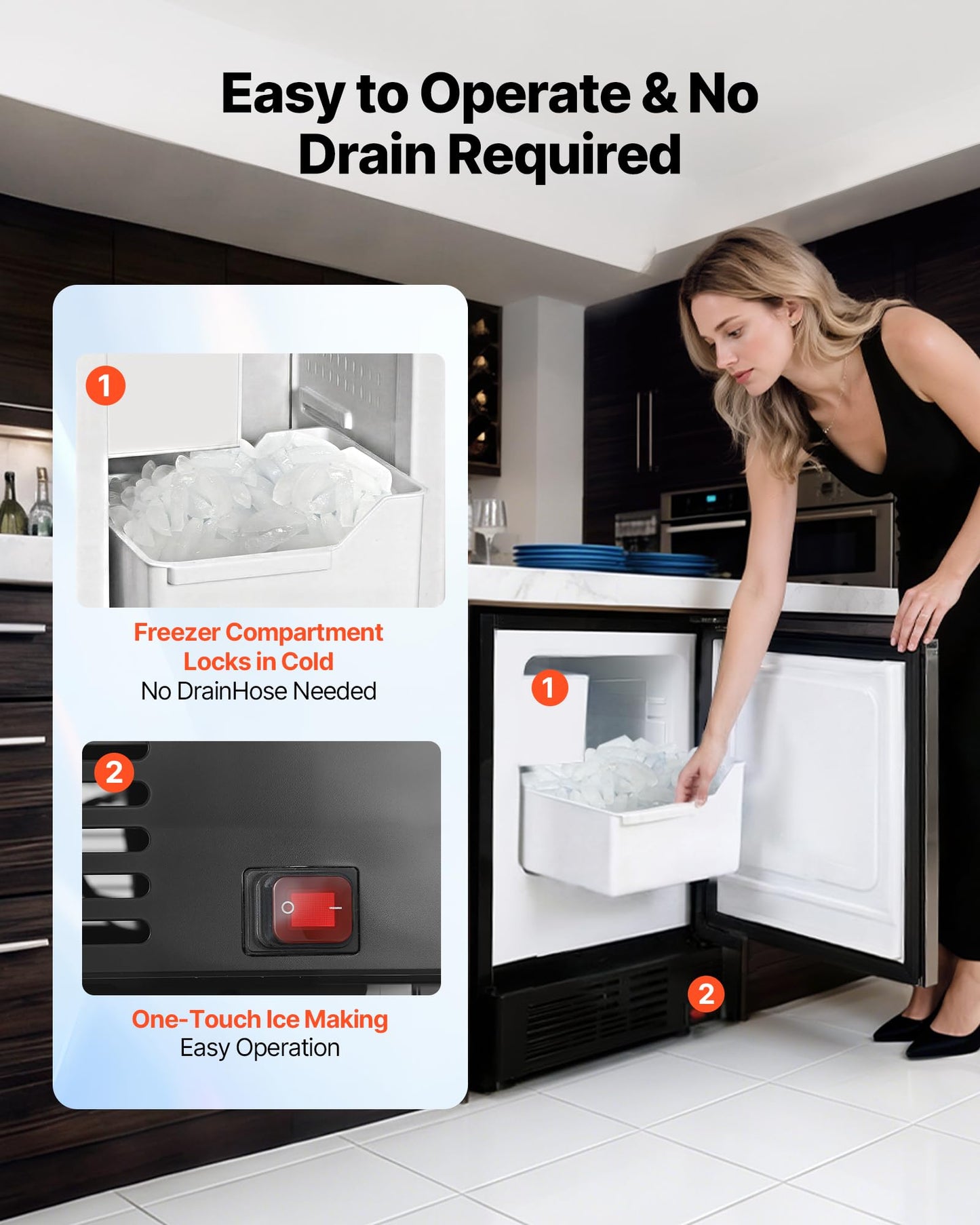 VEVOR 15" W Under Counter Ice Maker, 15 LBS/Day Crescent Ice Maker Built-in with 11LBS Storage Bin & Reversible Door, Freestanding Ice-Making Machine for Commercial Home Kitchens - No Drain Required