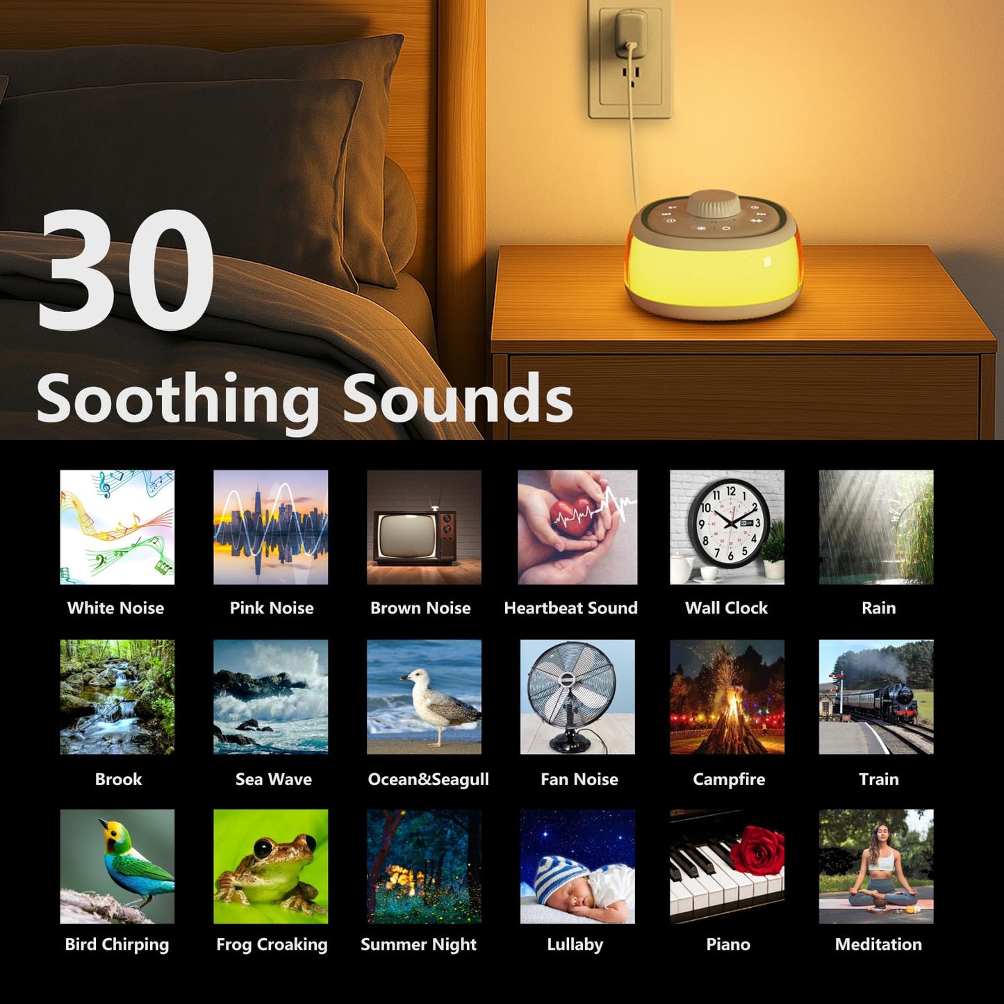 DONOW White Noise Sound Machine with Light Bluetooth, 30 Soothing Sounds, Knob Volume Control, 8 Colors Night Light with Memory Function Sleep Timer, White Noise Machine for Sleeping Adults Baby