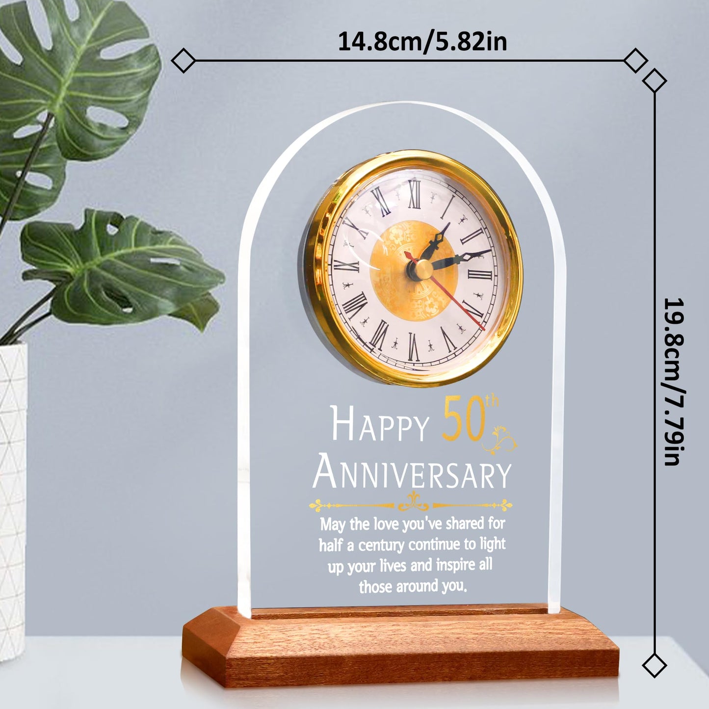 OkiyiD 50th Anniversary Wedding Gift, Anniversary Quartz Clock, Desk Table Clock, 50 Years of Marriage, Golden Wedding for Couple, Parents, Grandparents (Wooden Base with LED Light)