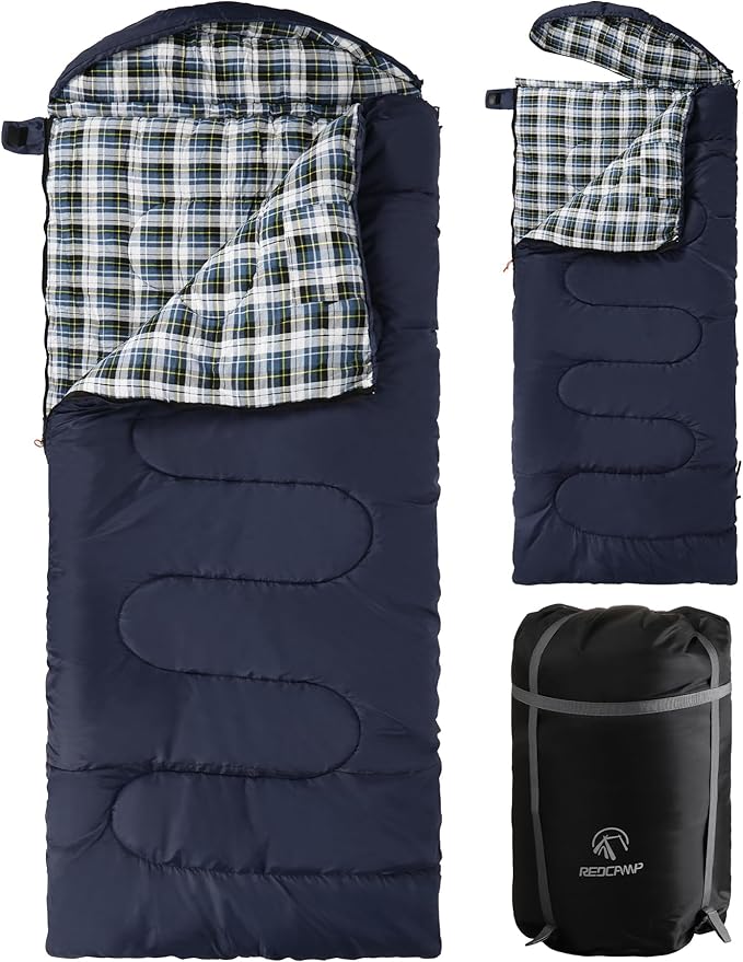 REDCAMP Flannel Sleeping Bag for Adults, Comfortable Cotton Sleeping Bags for Camping with Detachable Hood, Red/Grey/Blue/...