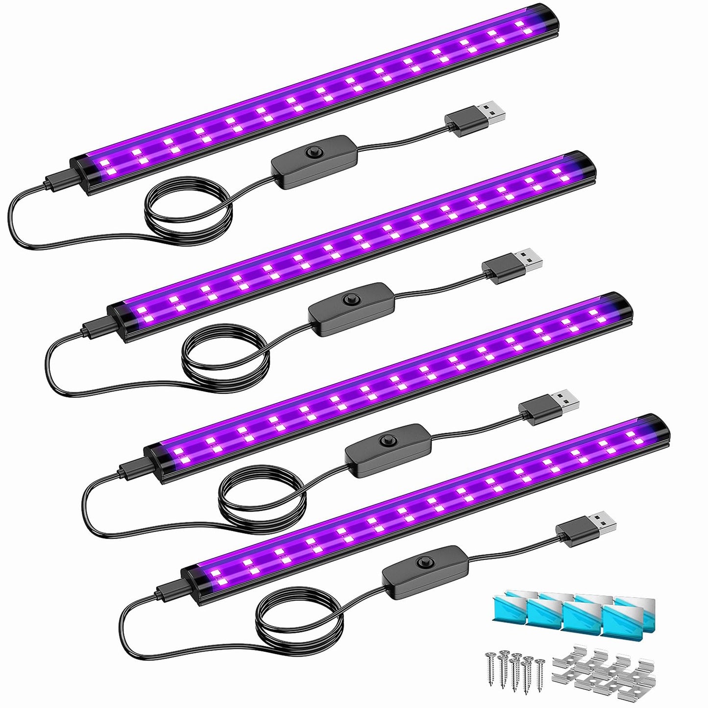 Onforu 4 Pack 10W LED Black Light Bar, 1ft, USB Blacklight Tube, Blacklight Bars with Switch, Black Light for Fluorescent Tapestry Poster, Cabinet, Glow Party, Halloween, Classroom, Body Paint