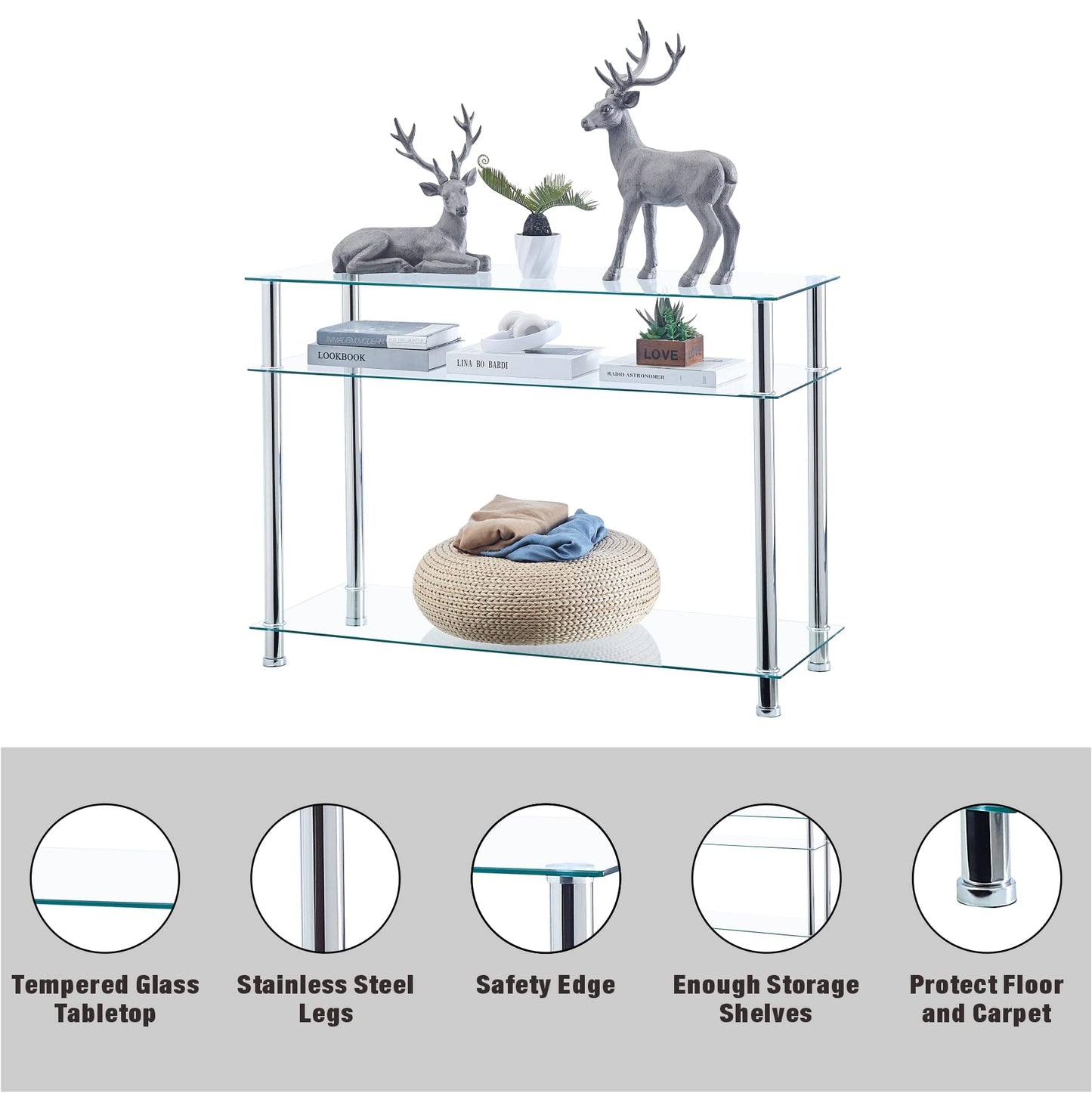paonne Silver Glass Console Table for Entryway, Modern and Comtemporary 3 Tiers Glass Couch Table with Chrome Legs Living Room Hallway & Foyer Table