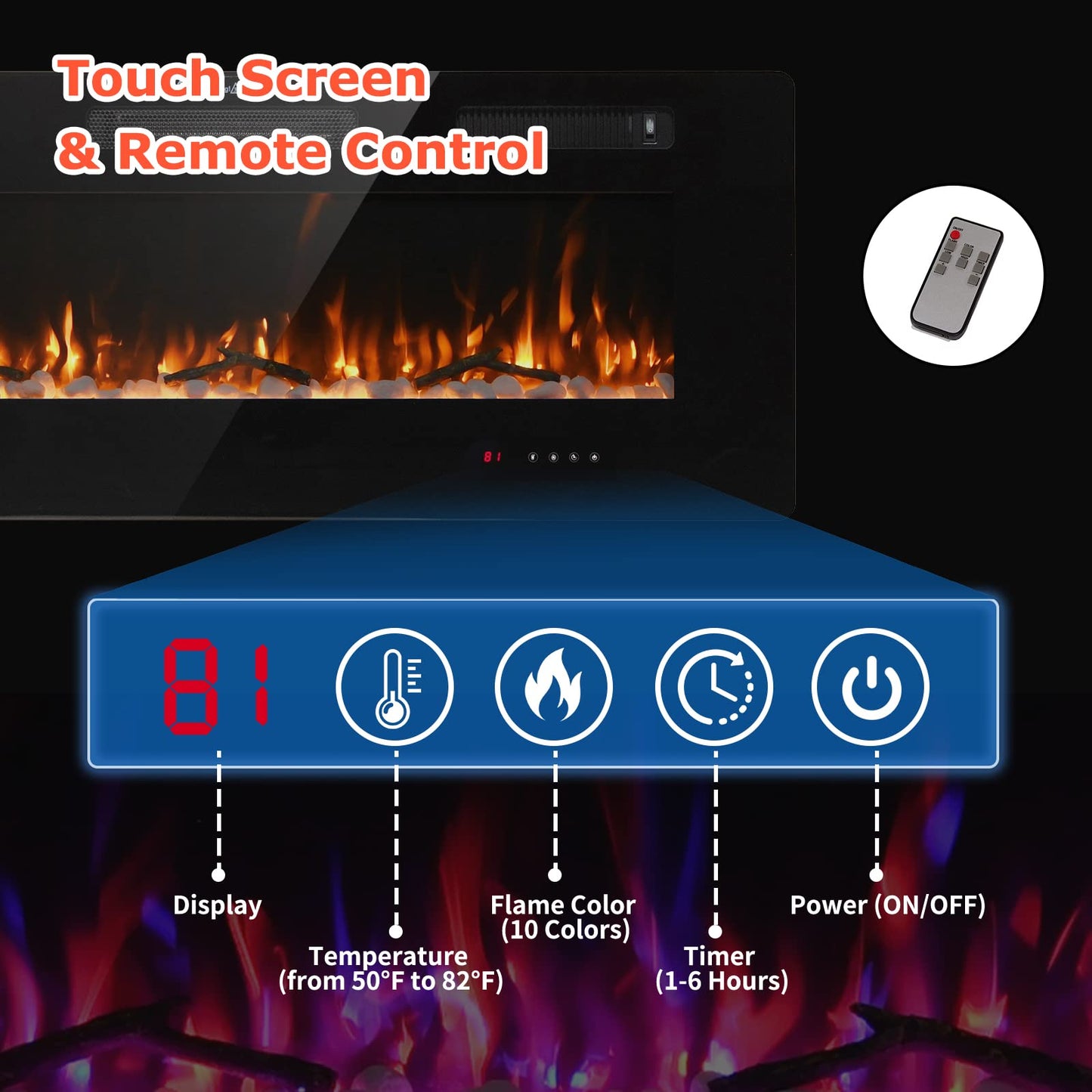 FODINGHILL 60" Insert Wall Mounted Electric Fireplace, Low-Noise Fireplace Heater Mantel Features a Touch Screen, Remote Control with Timer, Adjustable Flame Color, 700W / 1400W