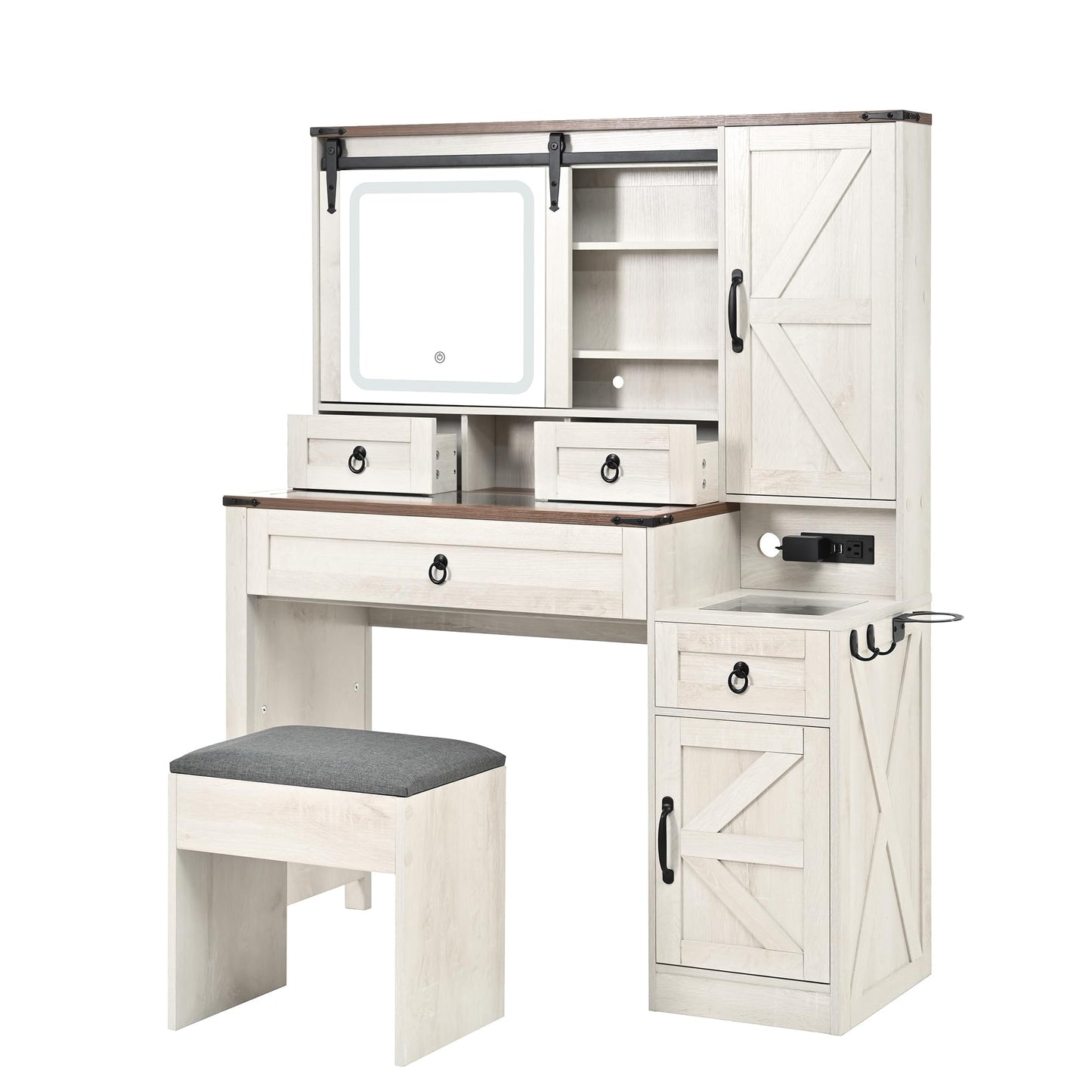 Merax Farmhouse Vanity Desk with Sliding Mirror and Lights, Elegant Dressing Table with Stool for Bedroom, Makeup Vanity Table & Glass Top Drawers and Charging Station, White