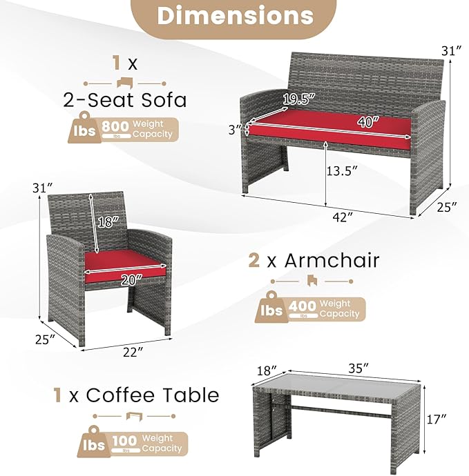 Tangkula 8 Piece Patio Wicker Furniture Set, Outdoor Heavy Duty Rattan Cushioned Chairs, Loveseat and Tempered Glass Coffee Table, for Backyard, Balcony, Poolside Red