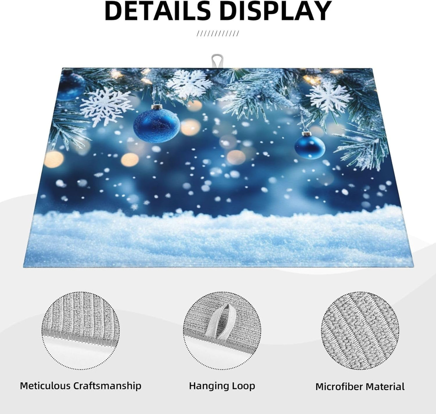 Dish Drying Mat Christmas Blue Ball Snowflake Absorbent Microfiber Non Slip Quick Dry Heat Resistant Holiday Decorative Kitchen Counter Mat for Plates Cups Glasses 18x24 Inch