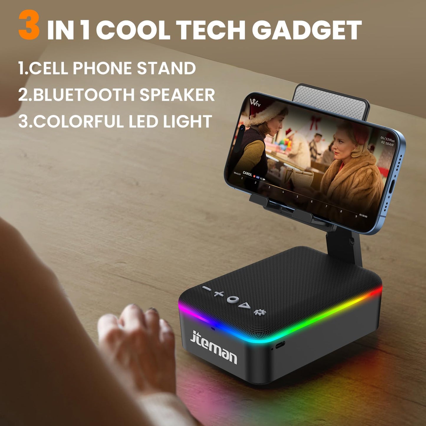 JTEMAN Gifts for Men Women,Cell Phone Stand with Bluetooth Speaker,LED Light,and Lanyard,Cool Tech Gadgets,Unique Birthday Gifts for Men Husband Mom Dad