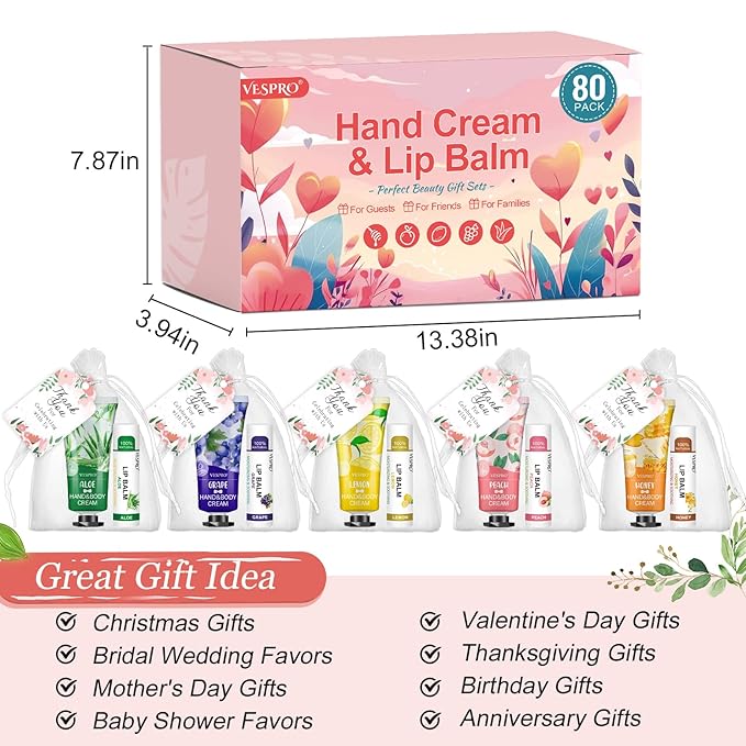 80 Pack Bulk Hand Cream and Lip Balm Sets Gifts, Valentines Day Gifts, Party Favors, Wedding Favors for Guests with Thank You Card and Organza Bags, Mothers Day Gift and Teacher Gift