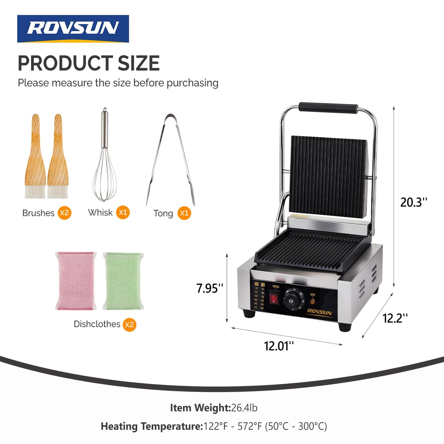 ROVSUN 811 Commercial Panini Press Grill, 1800W Stainless Steel Electric Countertop Sandwich Maker with Adjustable Temp 122°F–572°F, For Steak, Burgers, Home & Restaurant Use, 110V, Silver